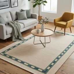 Handmade Wool Kilim Rug Minimalist Cream Rug With Blue & Green Border - thumbnail 3