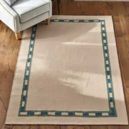 Handmade Wool Kilim Rug Minimalist Cream Rug With Blue & Green Border - thumbnail 4