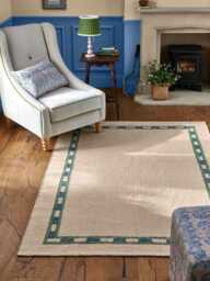 Handmade Wool Kilim Rug Minimalist Cream Rug With Blue & Green Border