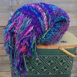 Crochet Fringe Blanket in Green, Purple, Pink & Blue - thumbnail 2