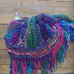 Crochet Fringe Blanket in Green, Purple, Pink & Blue - thumbnail 3