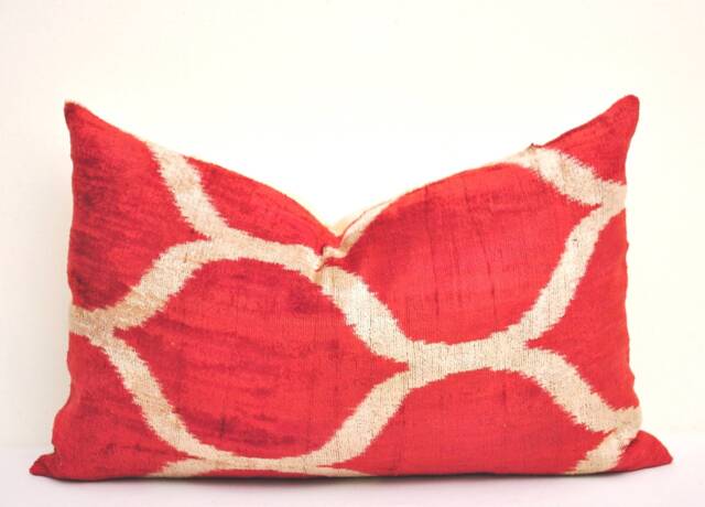 Red Velvet Ikat Pillow Cover, Handloom Silk, Accent Cushion