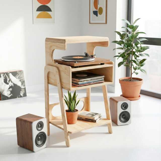 Mid Century Modern Plywood Record Player Stand With Amplifier Shelf - image 1