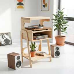Mid Century Modern Plywood Record Player Stand With Amplifier Shelf - thumbnail 1