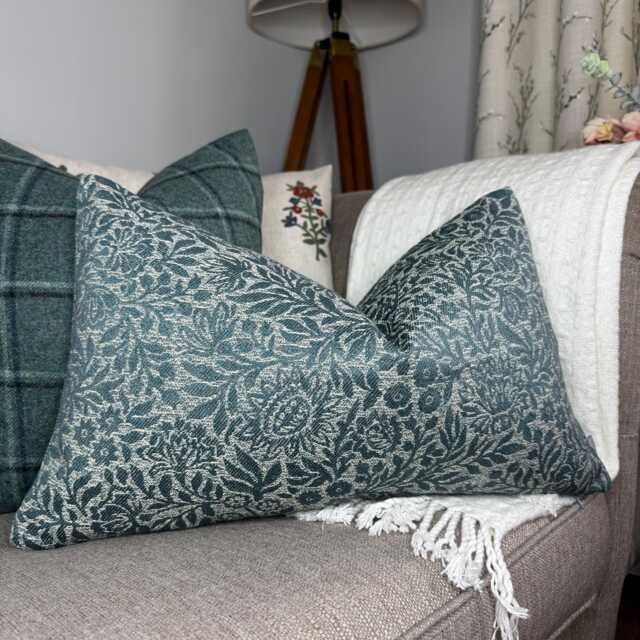 "Countryside Cushion Cover in Teal - Floral Design Pillow 12""x 20" - image 1