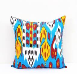 Blue Silk Ikat Pillow Cover, Handwoven Accent Cushion - 20x20 - thumbnail 1