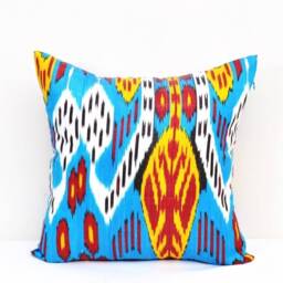 Blue Silk Ikat Pillow Cover, Handwoven Accent Cushion - 20x20 - thumbnail 2