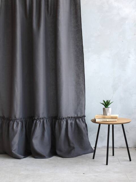 Grey Linen Curtain, Farmhouse Curtains, Linen Ruffled Curtain Panel, Tab Top Ruffle Curtain, Shower Curtain - image 1
