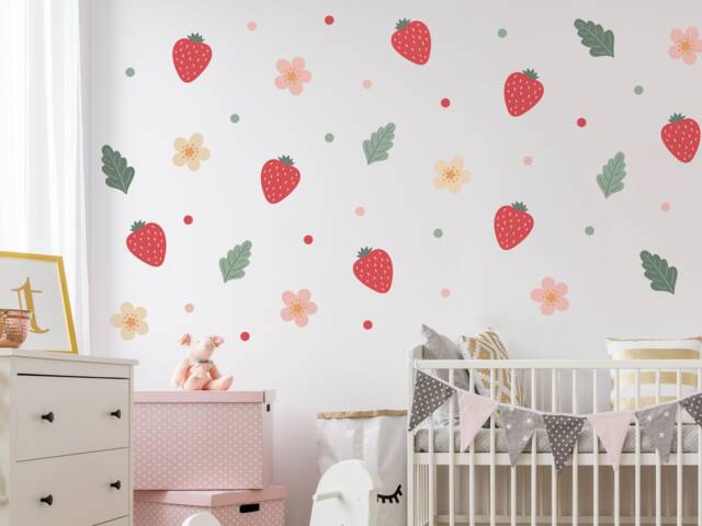 Strawberry & Flowers Wall Stickers, Decals, Cottagecore Large Stickers - image 1