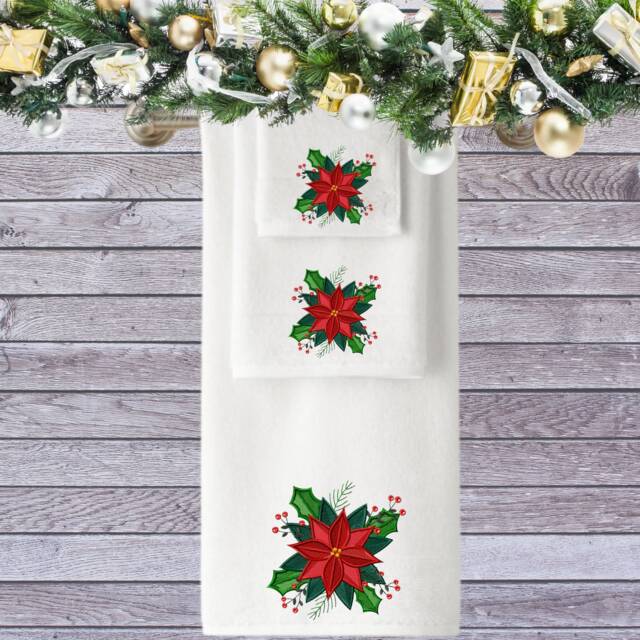 Personalized Christmas Towel Embroidered Poinsettia Cotton Bath Set - image 1