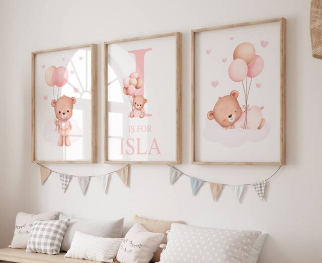 Set Of 3 Bear Nursery Prints, Personalised Watercolour Girls Bedroom Art, Pink Balloon Theme, Print - image 1