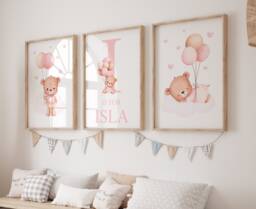 Set Of 3 Bear Nursery Prints, Personalised Watercolour Girls Bedroom Art, Pink Balloon Theme, Print - thumbnail 1