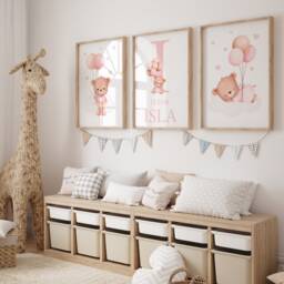 Set Of 3 Bear Nursery Prints, Personalised Watercolour Girls Bedroom Art, Pink Balloon Theme, Print - thumbnail 2