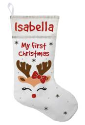 Personalized Baby Girl First Christmas Stocking Handmade Cotton Reindeer