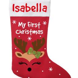 Personalized Baby Girl First Christmas Stocking Handmade Cotton Reindeer - thumbnail 2