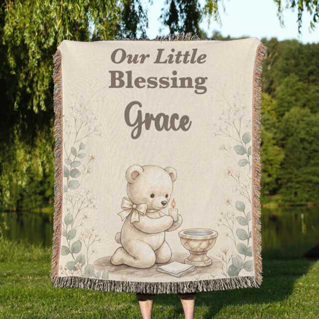 Personalized Baptism Blanket, Godchild Keepsake Gift From Godparents, Custom Name Teddy Bear Christening Our Little Blessing - image 1