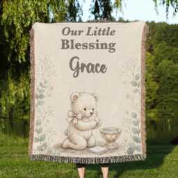 Personalized Baptism Blanket, Godchild Keepsake Gift From Godparents, Custom Name Teddy Bear Christening Our Little Blessing - thumbnail 1