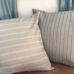 Charente Stripe Linen Cushion Cover, Blue-Green On Stone - thumbnail 3