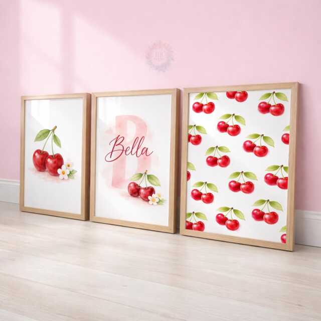 Personalised Cherry Print Set - 3 Girls Bedroom Prints - Name Wall Art - image 1