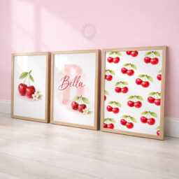 Personalised Cherry Print Set - 3 Girls Bedroom Prints - Name Wall Art - thumbnail 1