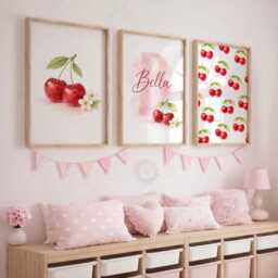 Personalised Cherry Print Set - 3 Girls Bedroom Prints - Name Wall Art - thumbnail 2