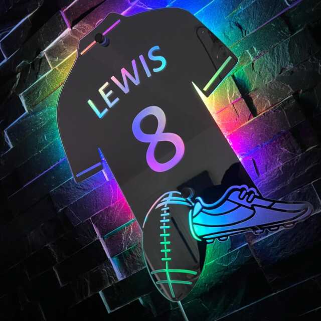 Personalised Rugby Shirt Mirrored Acrylic Led Light/ Playroom Sign/ Bedroom Mancave - image 1