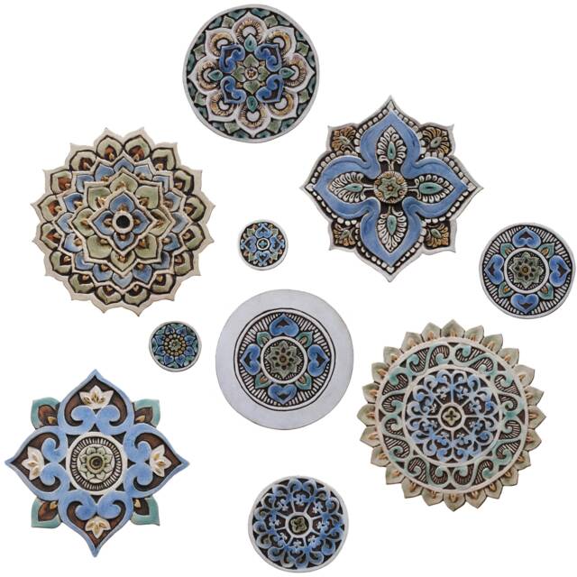 Set Of 10 Ceramic Mandala Wall Art Tiles Matt Blue Boho Decor - image 1