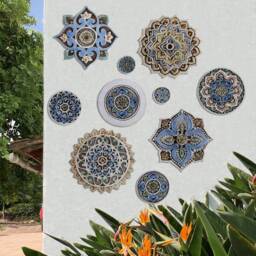Set Of 10 Ceramic Mandala Wall Art Tiles Matt Blue Boho Decor - thumbnail 4