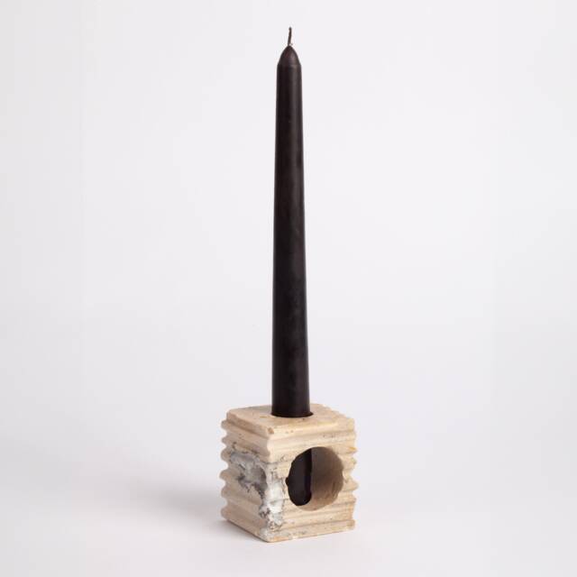 Natural Travertine Candlestick Holder Beige Stone, Glass Tube Included - image 1
