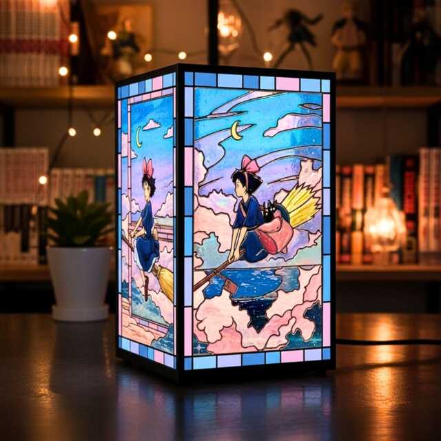 Kiki's Delivery Service Resin Lamp, Faux Stained Glass Night Light, Anime Room Decor, Girl Aesthetic Gift, Jiji Cat, Cute Gift For Her - image 1
