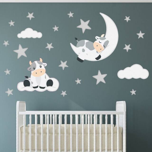 Cow Nursery Wall Decals Moon, Stars, Clouds Fabric Stickers - image 1
