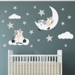 Cow Nursery Wall Decals Moon, Stars, Clouds Fabric Stickers - thumbnail 1