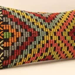 Boho Lumbar Kilim Pillow 12x24Inch - 30x60 cm Oriental Turkish Small Oblong Kilim Cushion Covertribal Pillow - thumbnail 2