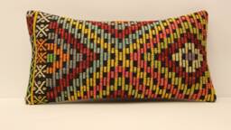 Boho Lumbar Kilim Pillow 12x24Inch - 30x60 cm Oriental Turkish Small Oblong Kilim Cushion Covertribal Pillow - thumbnail 1