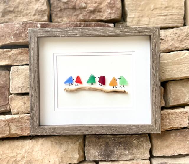 Sea Glass Rainbow Birds Framed 8x10 Original Handmade Artwork, Minimalist Coastal Wall Decor - image 1