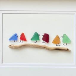 Sea Glass Rainbow Birds Framed 8x10 Original Handmade Artwork, Minimalist Coastal Wall Decor - thumbnail 2