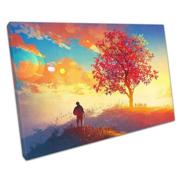Autumn Sunrise Landscape Canvas Vibrant Red Tree Wall Art For Home & Office Decor - image 1