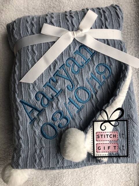 Personalised Baby Cable Knit Blanket -Name Embroidered Pom Pom/Sherpa Reverse Ramadan Eid Gift - image 1