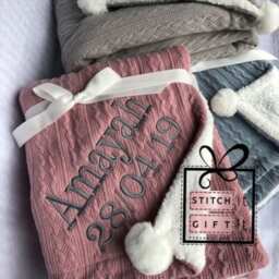 Personalised Baby Cable Knit Blanket -Name Embroidered Pom Pom/Sherpa Reverse Ramadan Eid Gift - thumbnail 3