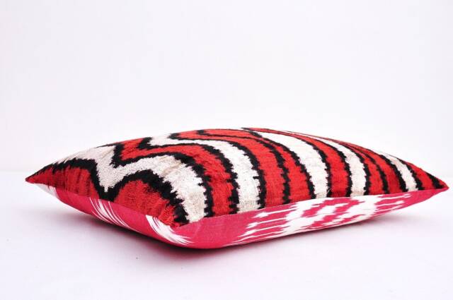 Handloom Silk Velvet Ikat Pillow, Red Accent Cushion - image 1