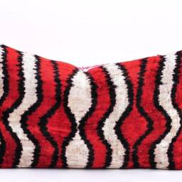 Handloom Silk Velvet Ikat Pillow, Red Accent Cushion - thumbnail 3