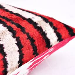 Handloom Silk Velvet Ikat Pillow, Red Accent Cushion - thumbnail 2