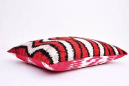 Handloom Silk Velvet Ikat Pillow, Red Accent Cushion - thumbnail 1