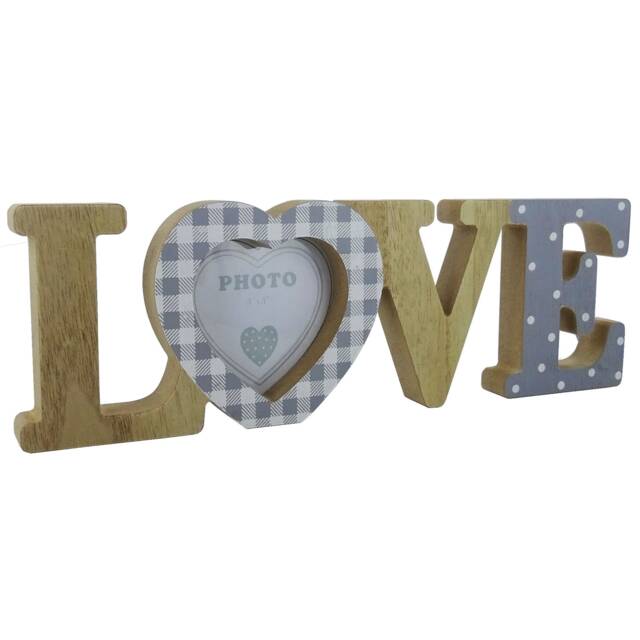 Love Photo Frame Freestanding Cut Out Letters Block Picture Grey White With Polka Dot Gingham Design Perfect For Valentines 3x3 - image 1