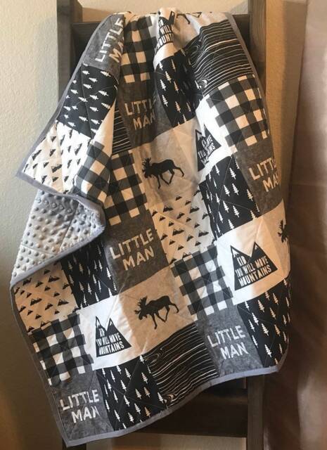 Personalized Baby Blankets, Black, Gray & White - Boy Little Man Moose -Bear Embroidered - image 1