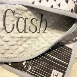 Personalized Baby Blankets, Black, Gray & White - Boy Little Man Moose -Bear Embroidered - thumbnail 2