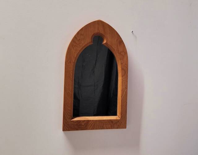 Unusual Gothic Arch Trefoil Keyhole Solid Wooden English Oak Wall Mirror 52.5 cm Long Hand Made - image 1