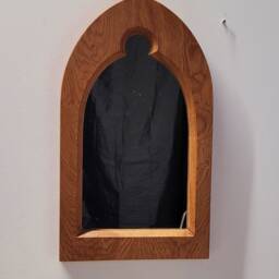 Unusual Gothic Arch Trefoil Keyhole Solid Wooden English Oak Wall Mirror 52.5 cm Long Hand Made - thumbnail 2