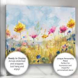 Pastel Watercolour Wildflower Meadow Floral Landscape Painting Canvas Wall Art Print Decor Picture Ready To Hang - thumbnail 3
