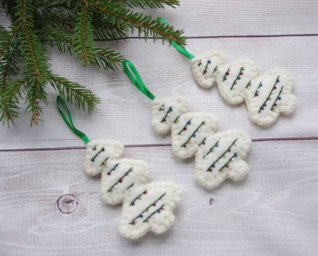 Felt Christmas Tree Ornaments Handmade Wool Decorations With Pearls - Set Of 3 - image 1